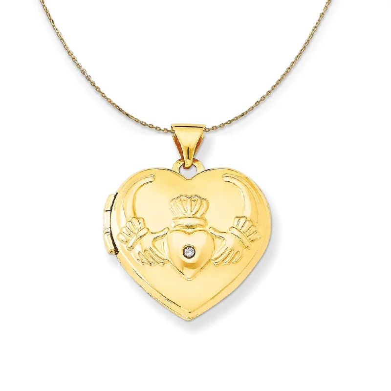 Premium Jewelry Now Available At Special Discounts 14k Yellow Gold Heart Shape Diamond Claddagh Locket Necklace