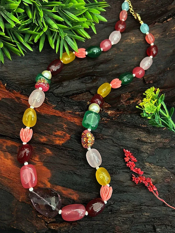 Flash Jewelry Sale – Get Stunning Pieces At Low Prices Multi Colour Natural Semi Precious Stone Mala with Tulip Stones Necklace Set