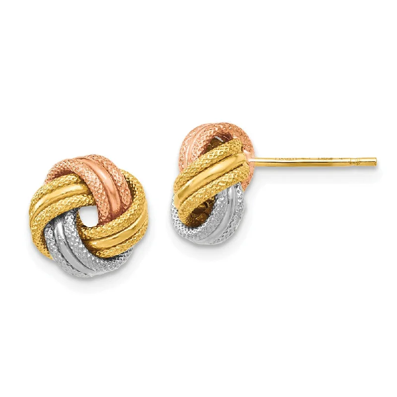 Modern Statement Jewelry For Bold Styling 8.5mm 14k Tri-Color Gold Polished & Textured Love Knot Stud Earrings Modern Statement Jewelry For Bold Styling 8.5mm 14k Tri-Color Gold Polished & Textured Love Knot Stud Earrings