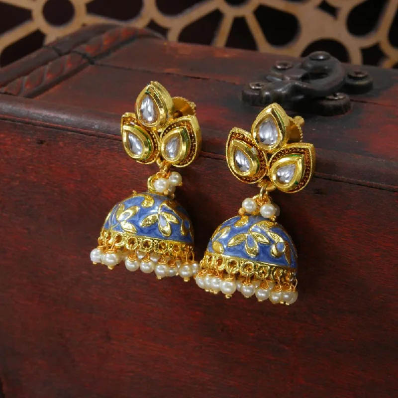 Affordable Luxury Jewelry – Style At A Great Price Etnico Gold Plated Meenakari Kundan & Pearl Drop Jhumka Earrings For Women (E2924Bl)