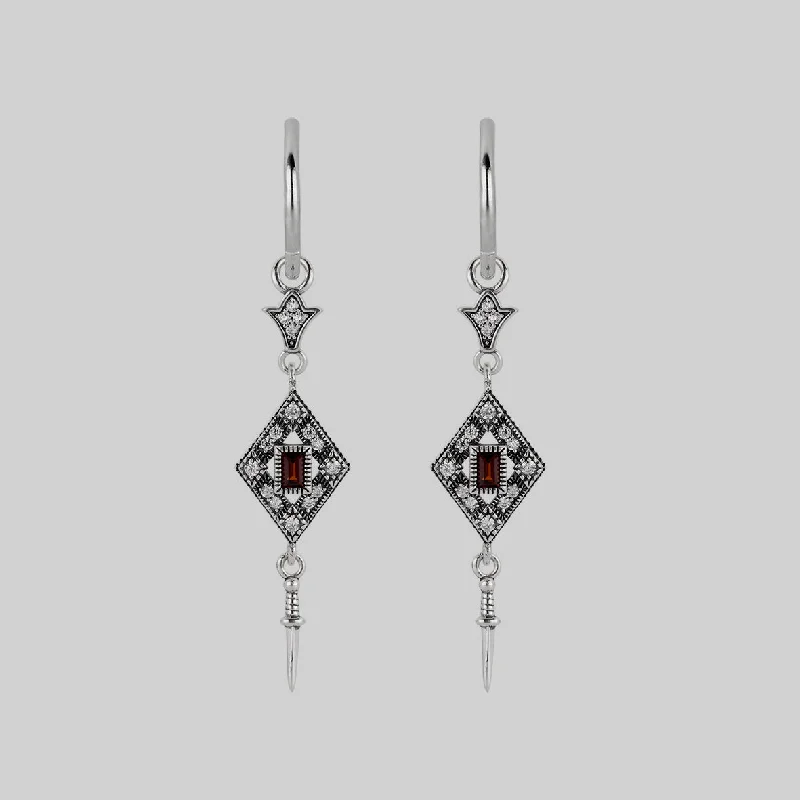 Jewelry Clearance – Final Chance To Save Big FLAPPER. Gatsby Garnet & Sword Hoop Earrings - Silver
