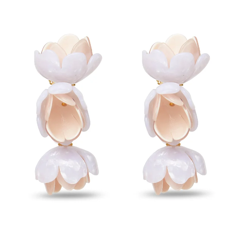 Dainty Floral Jewelry For Feminine Elegance MOTHER OF PEARL ROSE PETAL TRIPLE DROP CLIP-ON EARRINGS