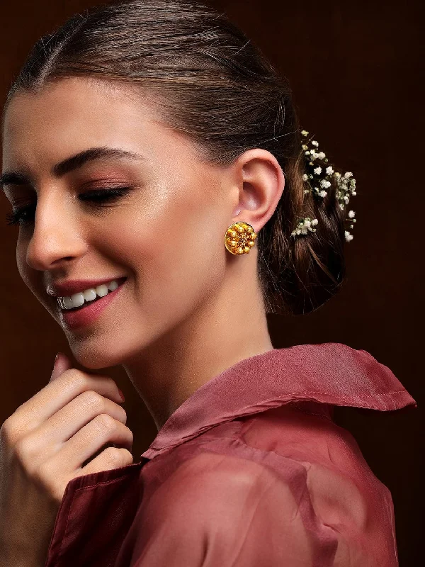 Exclusive Gemstone Jewelry At Special Prices Rubans 24K Gold Plated Handcrafted Stud Earrings With Circular Design And Beads Exclusive Gemstone Jewelry At Special Prices Rubans 24K Gold Plated Handcrafted Stud Earrings With Circular Design And Beads
