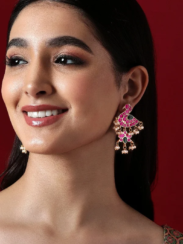 Chic, Trendy, And Affordable Jewelry Sale Rubans Gold Plated Pink And Green Enamelled Earrings With Peacock Design Chic, Trendy, And Affordable Jewelry Sale Rubans Gold Plated Pink And Green Enamelled Earrings With Peacock Design