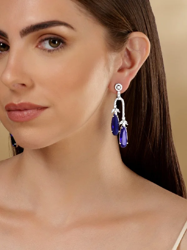 Grab Your Favorite Jewelry At The Lowest Prices Rubans Rhodium Plated Blue Sapphire Zirconia Teardrop Dangle Earrings