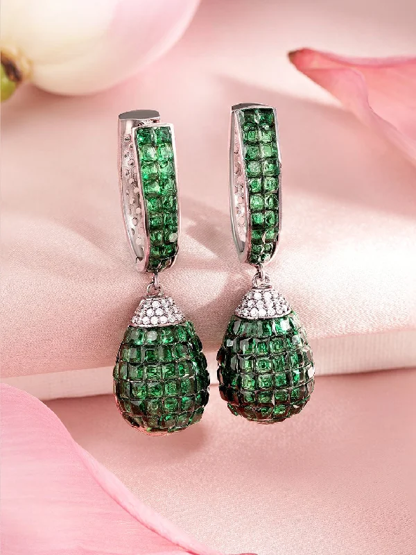 Chic And Stylish Jewelry At Exclusive Prices Rubans Rhodium Plated Emerald Green Pave Studded Hoop With Drop Dangle Earrings Chic And Stylish Jewelry At Exclusive Prices Rubans Rhodium Plated Emerald Green Pave Studded Hoop With Drop Dangle Earrings