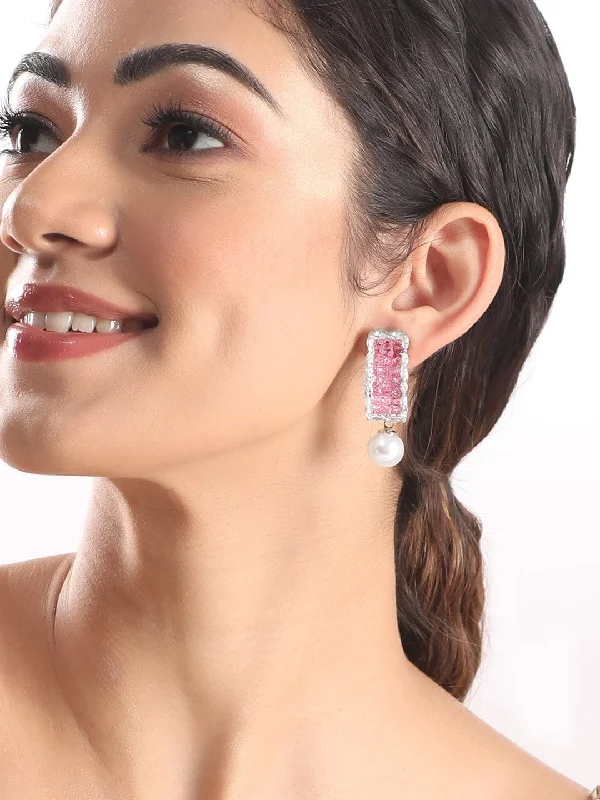 Fashion-Forward Jewelry At Incredible Prices Rubans Rhodium Plated Pink Zirconia & Pearl Dangle Earrings Fashion-Forward Jewelry At Incredible Prices Rubans Rhodium Plated Pink Zirconia & Pearl Dangle Earrings