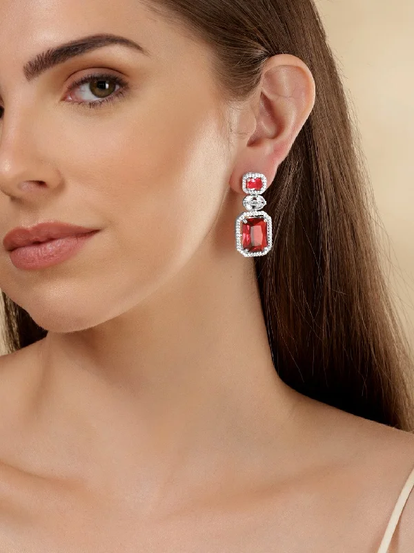Affordable Luxury Jewelry For Every Occasion Rubans Rhodium Plated Ruby Red Zirconia Dangle Earrings Affordable Luxury Jewelry For Every Occasion Rubans Rhodium Plated Ruby Red Zirconia Dangle Earrings
