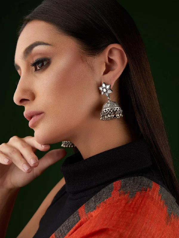 Jewelry Sale Alert – Shop Timeless Elegance Today Rubans Silver Oxidised Jhumka Earrings With Studded Mirror Design