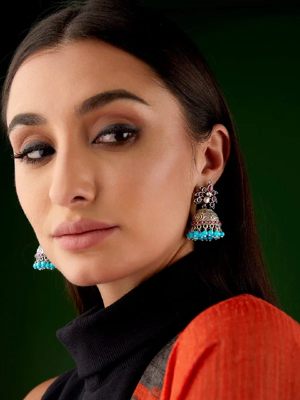Luxury Meets Affordability – Jewelry Sale Now Live Rubans Silver Oxidised Jhumka With Studded Pink Stone And Blue Beads Luxury Meets Affordability – Jewelry Sale Now Live Rubans Silver Oxidised Jhumka With Studded Pink Stone And Blue Beads