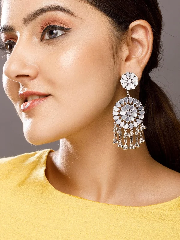 Waterproof Stainless Steel Jewelry For Lasting Beauty Rubans Silver-Plated Mirror Studded Circular Drop Earrings Waterproof Stainless Steel Jewelry For Lasting Beauty Rubans Silver-Plated Mirror Studded Circular Drop Earrings