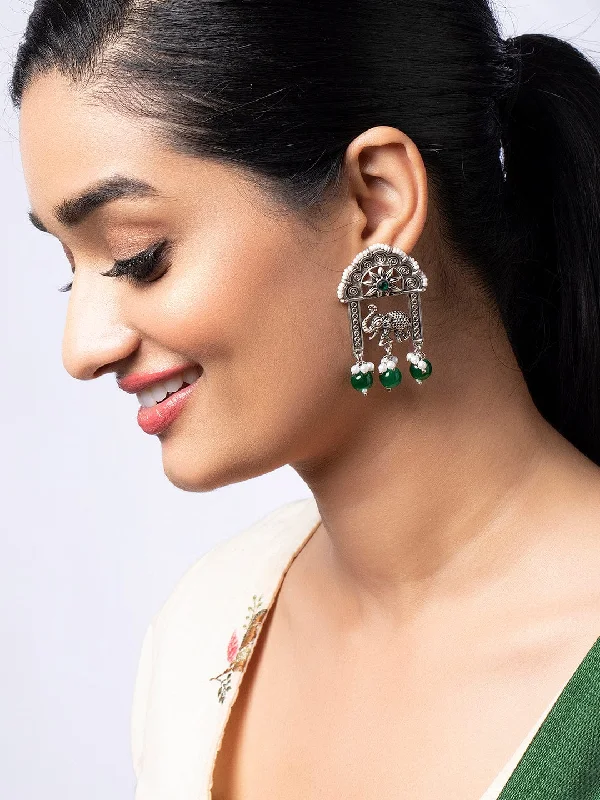 Seasonal Jewelry Deals – Elevate Your Style Rubans Silver Plated Oxidised Earrings With Elephant Motif And Green Beads Seasonal Jewelry Deals – Elevate Your Style Rubans Silver Plated Oxidised Earrings With Elephant Motif And Green Beads