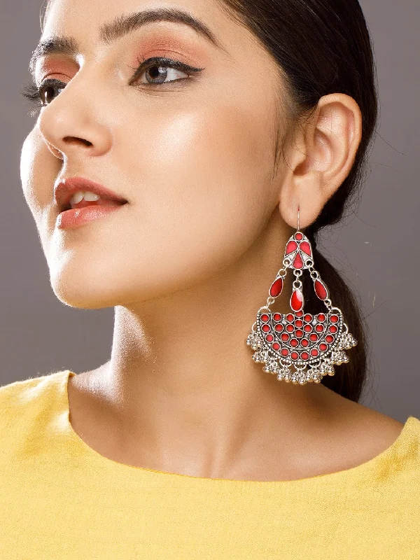 The Jewelry Sale You've Been Waiting For Is Here Rubans Silver-Toned Red Stone Studded Chandbalis Earrings The Jewelry Sale You've Been Waiting For Is Here Rubans Silver-Toned Red Stone Studded Chandbalis Earrings