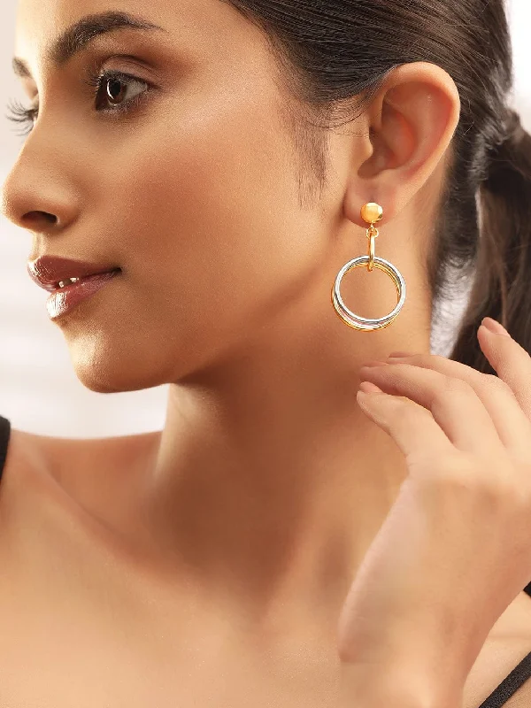 Bestselling Jewelry At Special Promotional Rates Rubans Voguish 18K Gold Plated Triple-Tone Hoop Earrings in Gold, Silver & Copper Circular Design Bestselling Jewelry At Special Promotional Rates Rubans Voguish 18K Gold Plated Triple-Tone Hoop Earrings in Gold, Silver & Copper Circular Design