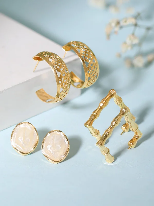 Personalized Jewelry At Special Discount Rates Rubans Voguish Set Of 3 Gold Toned Trendy Earrings Personalized Jewelry At Special Discount Rates Rubans Voguish Set Of 3 Gold Toned Trendy Earrings
