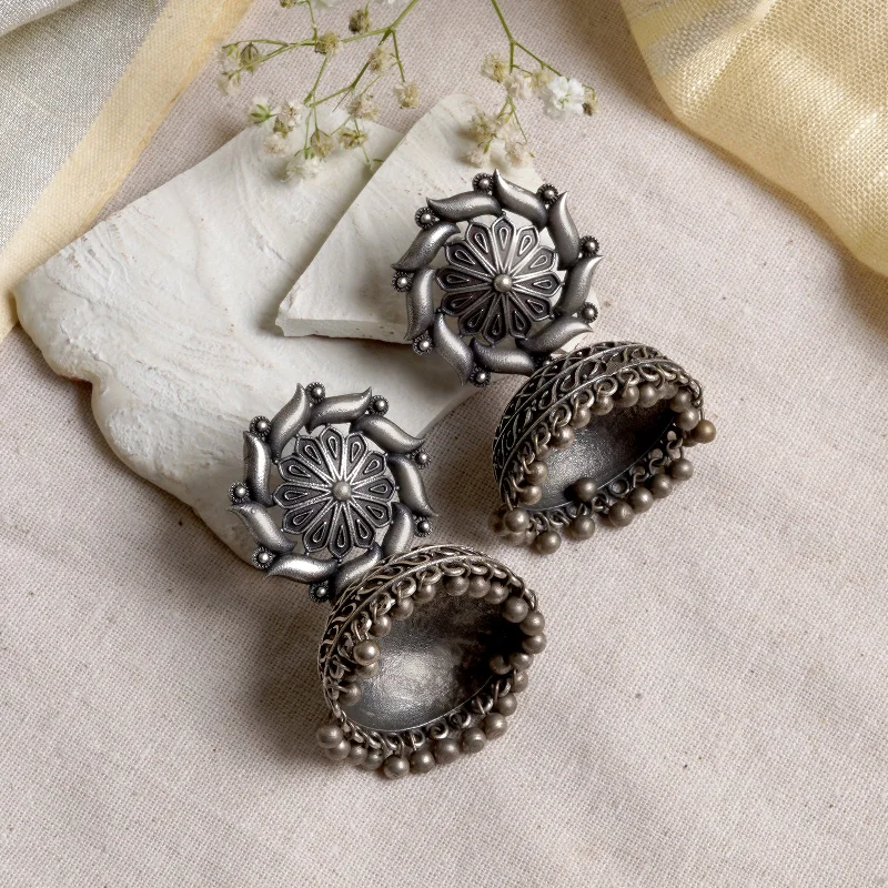 Classic And Modern Jewelry Styles On Sale Teejh Prisha Silver Oxidised Floral Jhumki Earrings Classic And Modern Jewelry Styles On Sale Teejh Prisha Silver Oxidised Floral Jhumki Earrings