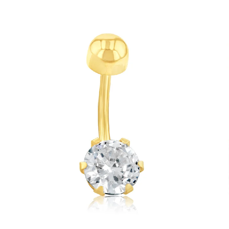 Exclusive Jewelry Offers – Sparkle For Less 9ct Yellow Gold 6mm Round Cubic Zirconia 6 Claw Belly Bar