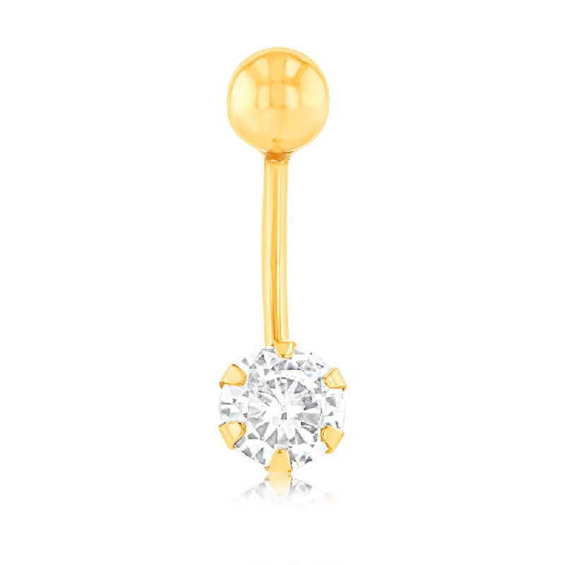 Chic And Stylish Jewelry At Exclusive Prices 9ct Yellow Gold 6mm White Round Zirconia Belly Bar