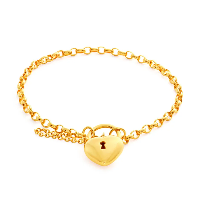 Premium Jewelry At Promotional Prices – Shine Today 9ct Yellow Gold Oval Belcher Plain Heart Charm Padlock 19cm Bracelet