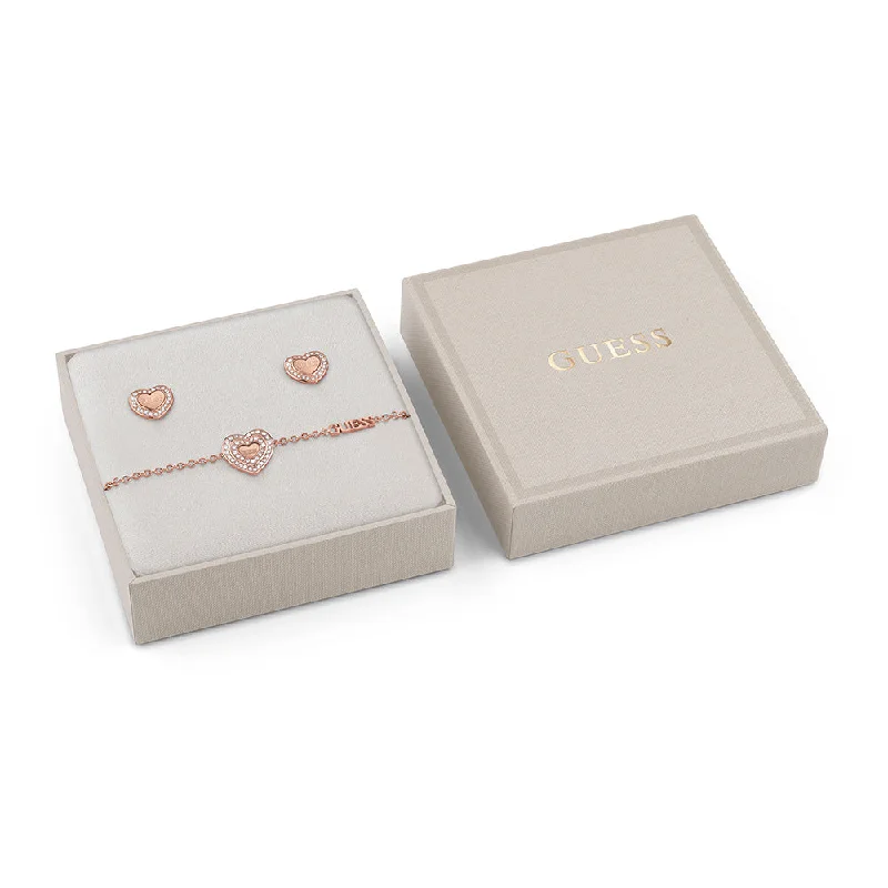 Exclusive Jewelry Offers – Shine For Less Guess Rose Gold Plated Stainless Steel Crystal Heart Stud And Bracelet Set