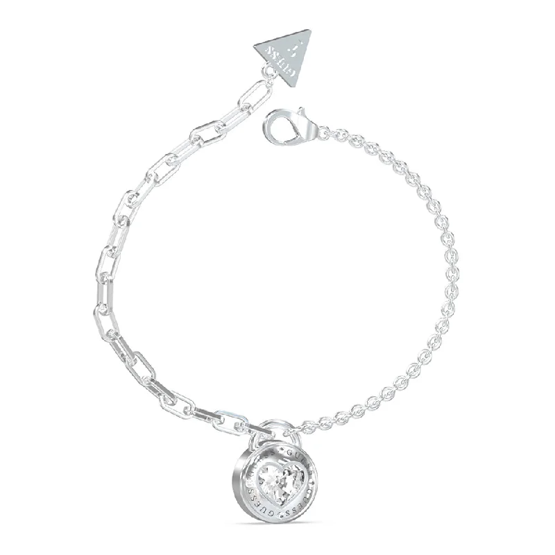 Exclusive Jewelry Offers – Shine For Less Guess Stainless Steel Rhodium Plated Half Round Chain Heart Bracelet