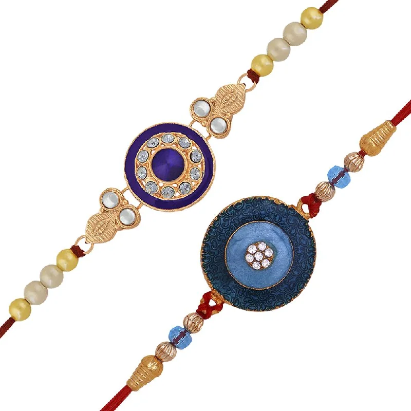 High-Quality Jewelry At A Fraction Of The Cost Mahi Combo of Designer Rakhi's with Blue and White Crystal and Artificial Pearl for Bhaiya (RCO1105226M)