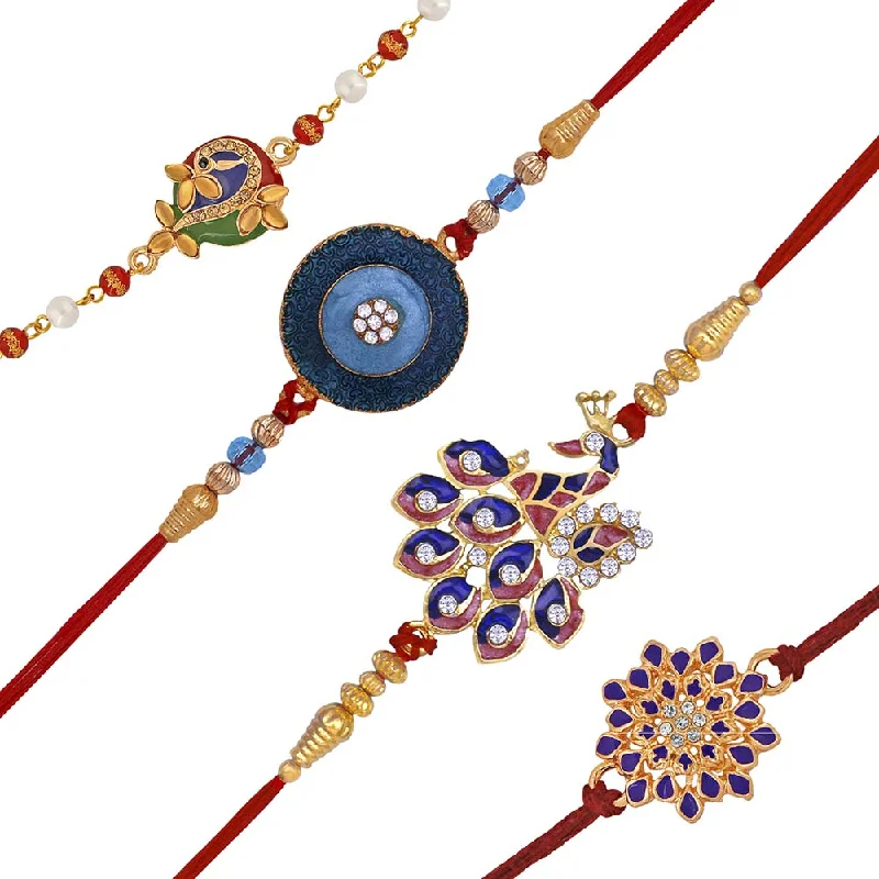 Elevate Your Outfit With Discounted Statement Jewelry Mahi Combo of Floral and Peacock Shaped Meena Work Colorful Rakhis for Brother (RCO1105414M)