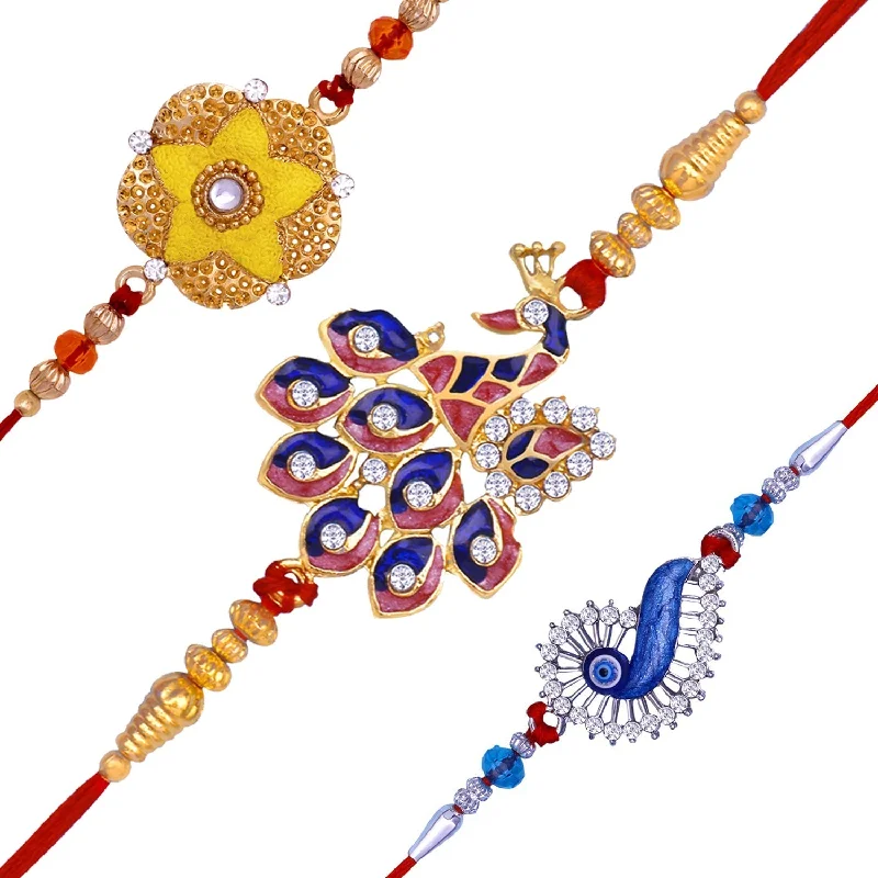 Get The Sparkle You Love At Prices You Adore Mahi Combo of Floral, Evil Eye and Peacock Shaped Rakhi's with Meenakari Work and Crystals for Brother's (RCO1105535M)