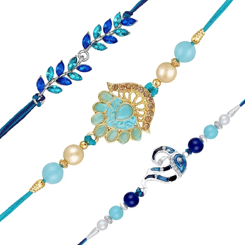 Sparkle For Less – Shop Jewelry Deals Now Mahi Combo of Floral, Leaf and Peacock Shaped Rakhis with Blue and White Crystals for Bhai (RCO1105537M)