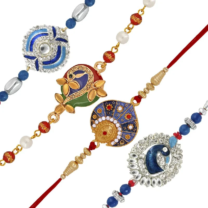 Elegant Jewelry At Unbeatable Prices – Shop Today Mahi Combo of Four Designer Rakhis with Meenakari Work Crystals and Artificial Beads for Bhai (RCO1105241M)