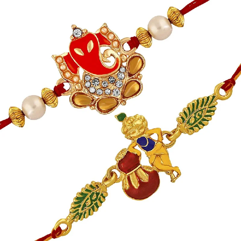 Flash Sale On Stunning Jewelry – Limited Stock Available Mahi Combo of Ganesha and Krishana Rakhi's with White Crystal and Artificial Pearl for Brother (RCO1105218M)