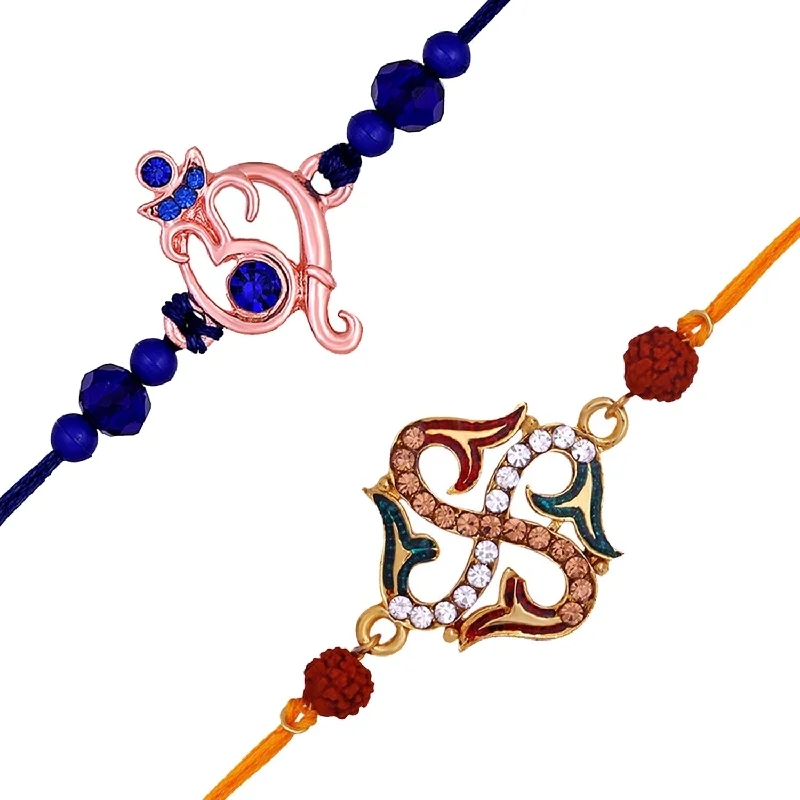 Final Call – Shop Exquisite Jewelry Before It's Gone Mahi Combo of Ganesha and Swastik Rakhis with Meenakari Work Crystals and Rudrakshaa for Bhaiya (RCO1105533M)