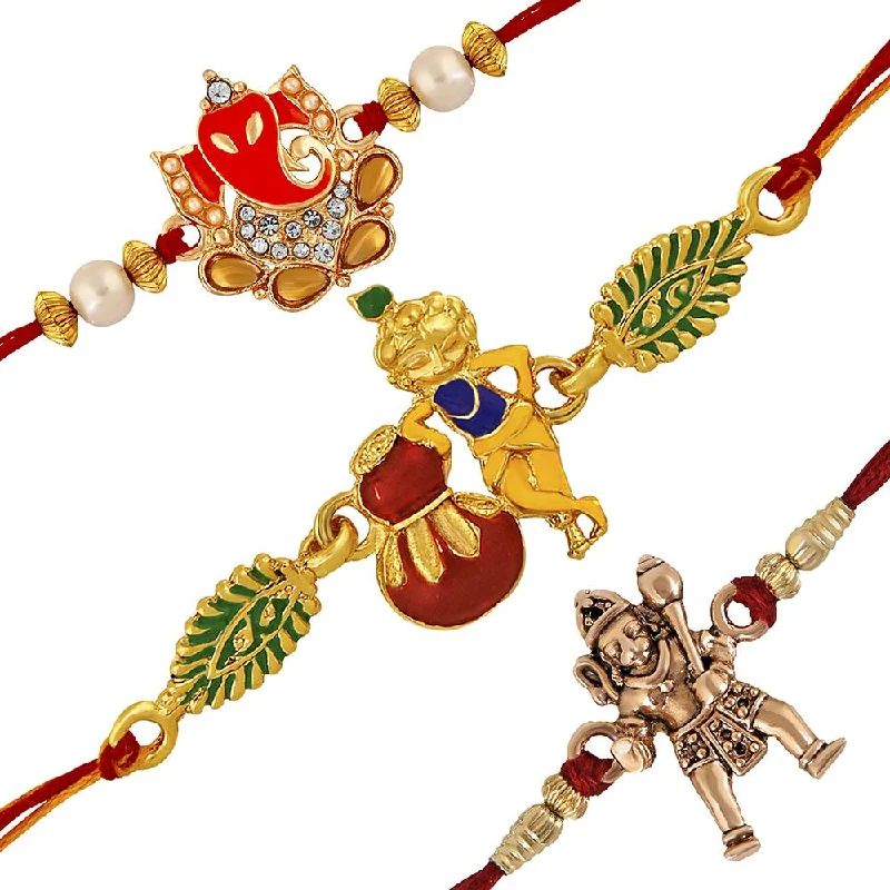 Unmissable Jewelry Discounts – Elevate Your Look For Less Mahi Combo of Ganesha Krishana and Hanuman Rakhi's with White Crystal and Artificial Pearl for Adorable Brother (RCO1105216M)