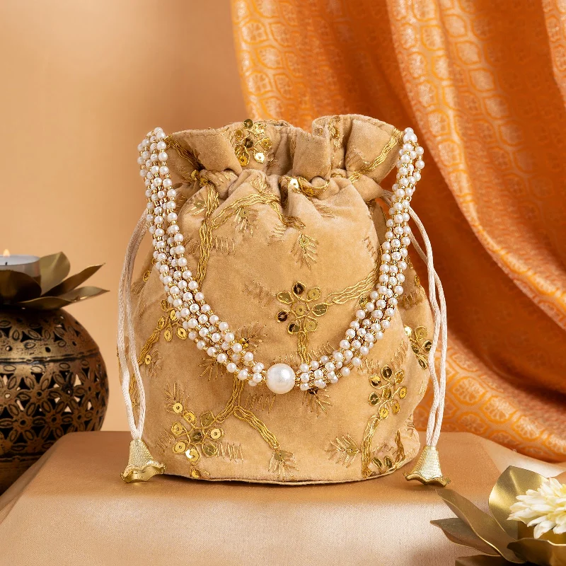 Elegant Designs, Unbeatable Discounts – Shop Jewelry Now O Haseena Beige Velvet Embroidered Potli Bag