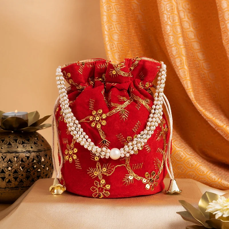 Everyday Jewelry Essentials Now On Sale O Haseena Red Velvet Embroidered Potli Bag