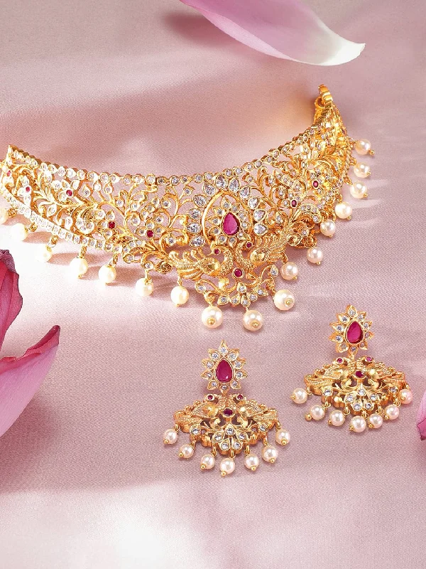 Elegant Rose Gold Jewelry For A Stylish Touch Rubans 22K Gold Plated Handcrafted Ruby Stone Choker Set Elegant Rose Gold Jewelry For A Stylish Touch Rubans 22K Gold Plated Handcrafted Ruby Stone Choker Set