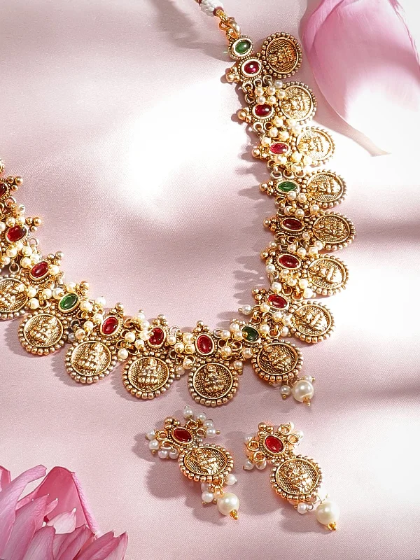 Personalized Jewelry At Special Discount Rates Rubans 24K Gold Plated Filigree Handcrafted Lakshmi Coin Temple Necklace Set Personalized Jewelry At Special Discount Rates Rubans 24K Gold Plated Filigree Handcrafted Lakshmi Coin Temple Necklace Set