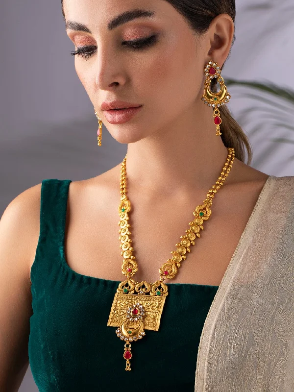 Versatile Layering Jewelry For Effortless Chic Rubans 24K Gold Plated Handcrafted Filigree Ruby Studded Necklace Set Versatile Layering Jewelry For Effortless Chic Rubans 24K Gold Plated Handcrafted Filigree Ruby Studded Necklace Set