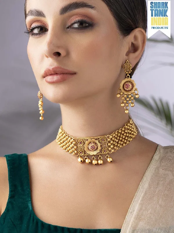 Shine In Style – Shop Jewelry Discounts Today Rubans 24K Gold Plated Handcrafted Ruby Stone Temple Choker Set Shine In Style – Shop Jewelry Discounts Today Rubans 24K Gold Plated Handcrafted Ruby Stone Temple Choker Set