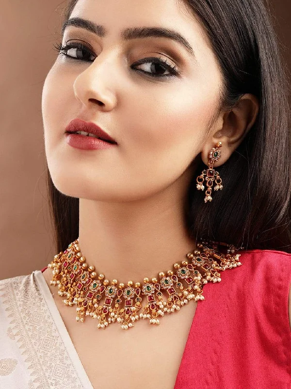 Timeless Elegance Now At Special Discounts Rubans 24K Gold Plated Handcrafted Ruby Stone Temple Necklace Set Timeless Elegance Now At Special Discounts Rubans 24K Gold Plated Handcrafted Ruby Stone Temple Necklace Set