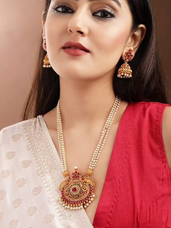 Trending Jewelry Now At Unbeatable Prices Rubans 24K Gold Plated Handcrafted Ruby Stone Temple Necklace Set Trending Jewelry Now At Unbeatable Prices Rubans 24K Gold Plated Handcrafted Ruby Stone Temple Necklace Set