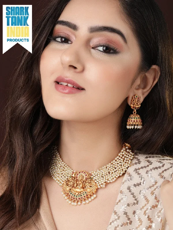 Stunning Jewelry Pieces At The Lowest Prices Ever Rubans 24K Gold Plated Handcrafted Ruby Stone with White Pearls Divine Lakshmi Necklace Set Stunning Jewelry Pieces At The Lowest Prices Ever Rubans 24K Gold Plated Handcrafted Ruby Stone with White Pearls Divine Lakshmi Necklace Set