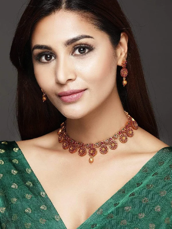 Dazzling Deals On Necklaces, Bracelets, And More Rubans 24K Gold Plated Handcrafted Ruby Studded Necklace Set Dazzling Deals On Necklaces, Bracelets, And More Rubans 24K Gold Plated Handcrafted Ruby Studded Necklace Set