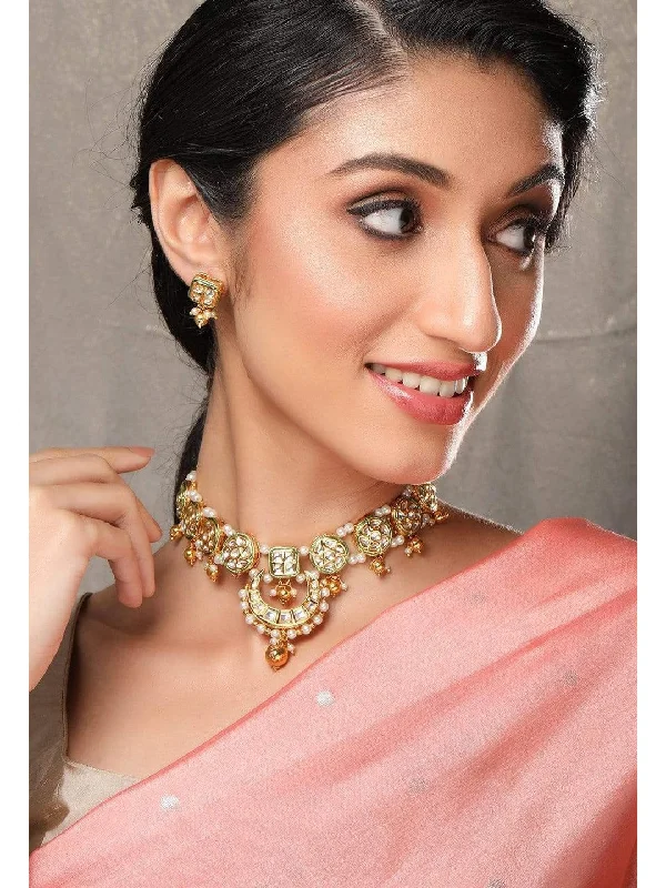 Affordable Gold-Plated Jewelry For Modern Fashion Rubans 24K Gold Plated Kundan Handcrafted Necklace Set Affordable Gold-Plated Jewelry For Modern Fashion Rubans 24K Gold Plated Kundan Handcrafted Necklace Set