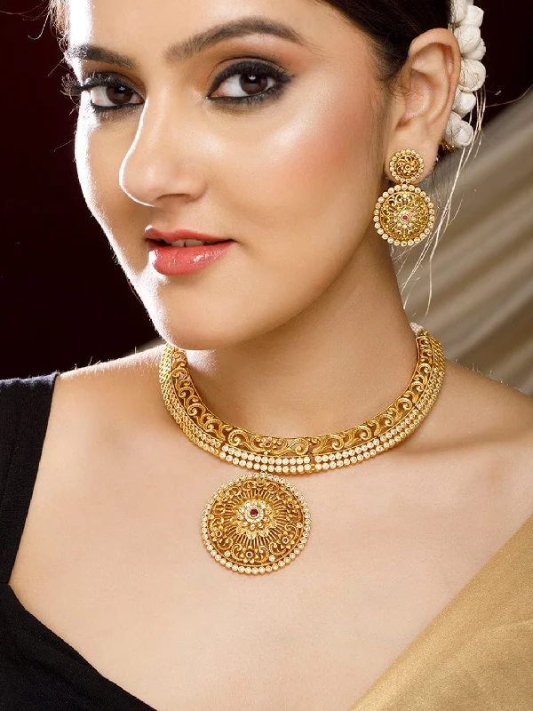 Save On Luxury Jewelry Pieces – Limited-Time Offers Rubans 24K Gold Plated Ruby and AD studded Necklace set. Save On Luxury Jewelry Pieces – Limited-Time Offers Rubans 24K Gold Plated Ruby and AD studded Necklace set.