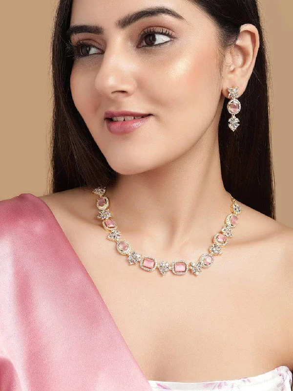 Elegant Rose Gold Jewelry For A Stylish Touch Rubans Gold Plated Contemporary Necklace Set With CZ And Pink Stones Elegant Rose Gold Jewelry For A Stylish Touch Rubans Gold Plated Contemporary Necklace Set With CZ And Pink Stones