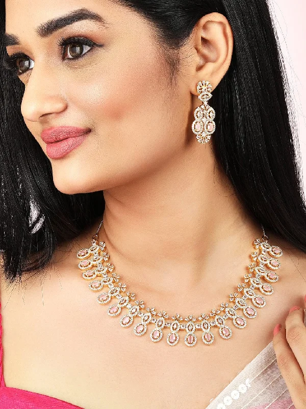 Customized Silver Jewelry For Unique Style Rubans Gold Plated Handcrafted AD Stone Pink Studded Necklace Set. Customized Silver Jewelry For Unique Style Rubans Gold Plated Handcrafted AD Stone Pink Studded Necklace Set.