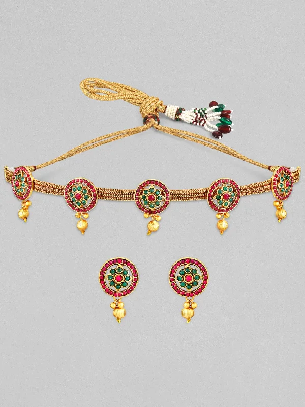 Sparkle More For Less – Jewelry Sale Happening Now Rubans Gold Plated Handcrafted Red & Green Stone Studded Necklace Set. Sparkle More For Less – Jewelry Sale Happening Now Rubans Gold Plated Handcrafted Red & Green Stone Studded Necklace Set.