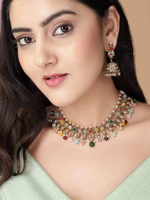 Chic, Trendy, And Affordable Jewelry Sale Rubans Gold Plated Multicolor Stone Studded with Beads Necklace Set Chic, Trendy, And Affordable Jewelry Sale Rubans Gold Plated Multicolor Stone Studded with Beads Necklace Set