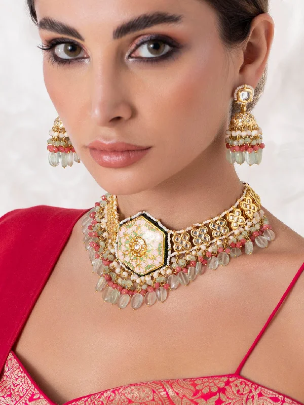 Upgrade Your Collection With Our Limited-Time Jewelry Sale Rubans Luxury 24K Gold Plated Handcrafted Enamel & Pachi Kundan with Green Beads Choker Set Upgrade Your Collection With Our Limited-Time Jewelry Sale Rubans Luxury 24K Gold Plated Handcrafted Enamel & Pachi Kundan with Green Beads Choker Set